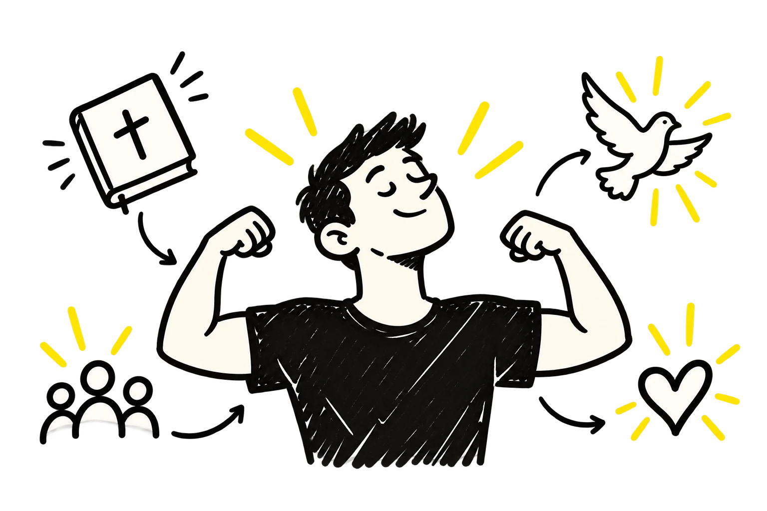 Illustration of a smiling man flexing his arms, surrounded by a Bible, a dove, a heart and a group of friends